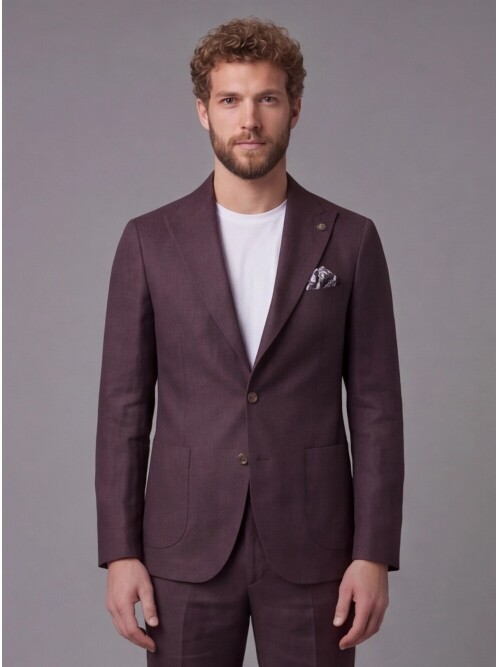 Bordo Keten Sivri Yaka Comfort Fit Torba Cep 2 Düğme Takım Elbise