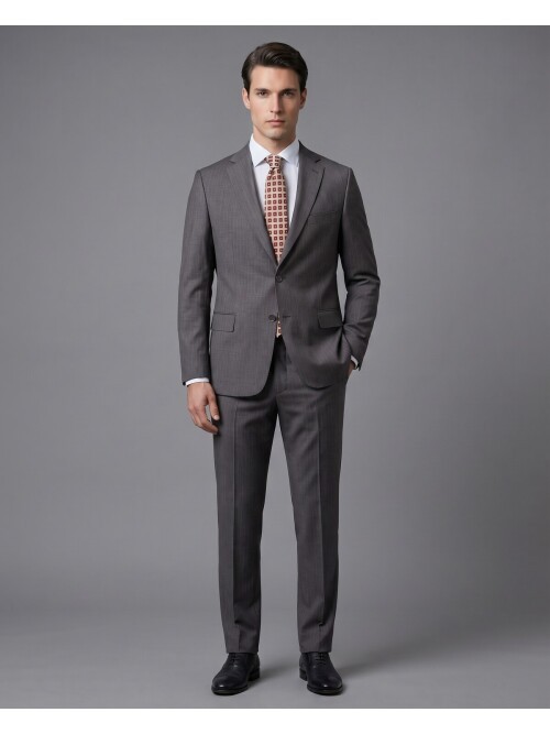 Füme Yünlü Mono Yaka Regular Fit 2 Düğme Takım Elbise