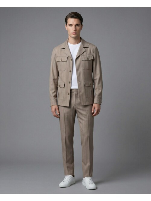 Beige Comfort Fit Unlined Safari Sport Suit