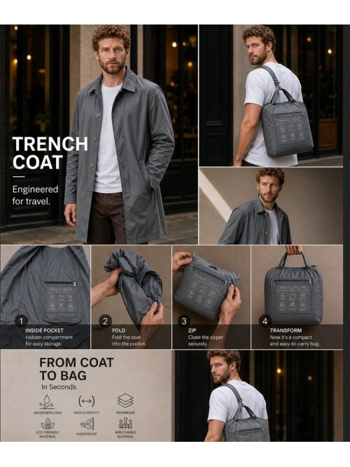 Gri Gömlek Yaka Beş Düğmeli Comfort Fit Tam Astarlı Yağmurluk