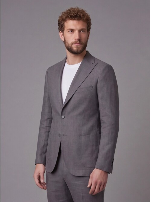 Gri Keten Sivri Yaka Comfort Fit Torba Cep 2 Düğme Takım Elbise