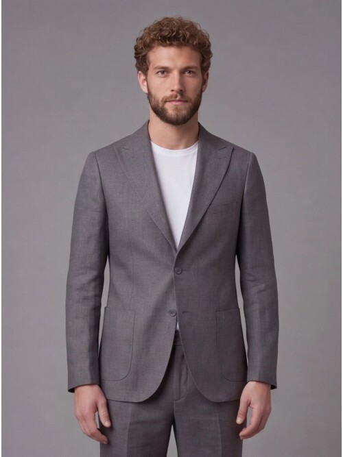 Gri Keten Sivri Yaka Comfort Fit Torba Cep 2 Düğme Takım Elbise