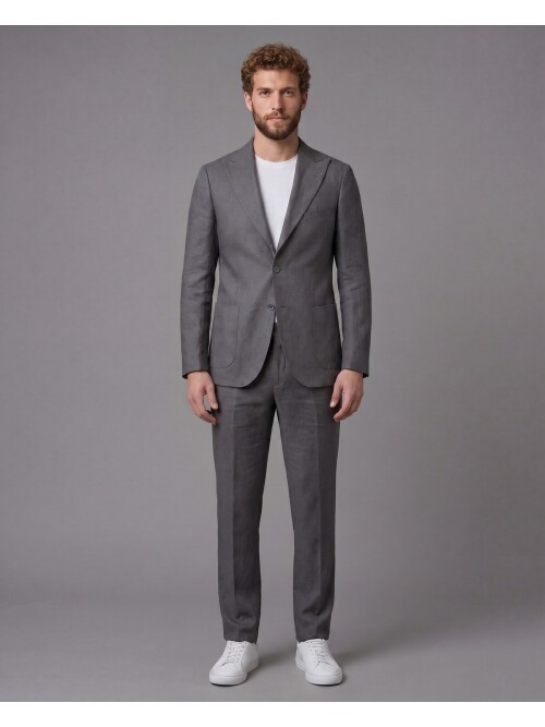 Gri Keten Sivri Yaka Comfort Fit Torba Cep 2 Düğme Takım Elbise