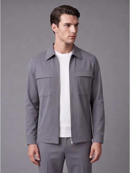 Grey Zippered Safari Pocket Comfort Fit Casual Suit