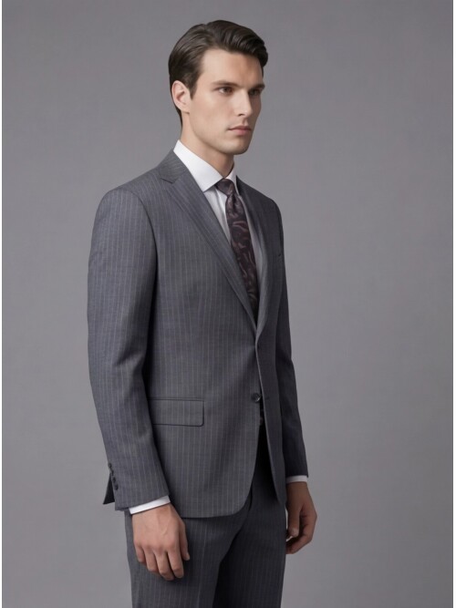 Gri Yünlü Mono Yaka Regular Fit 2 Düğme Takım Elbise