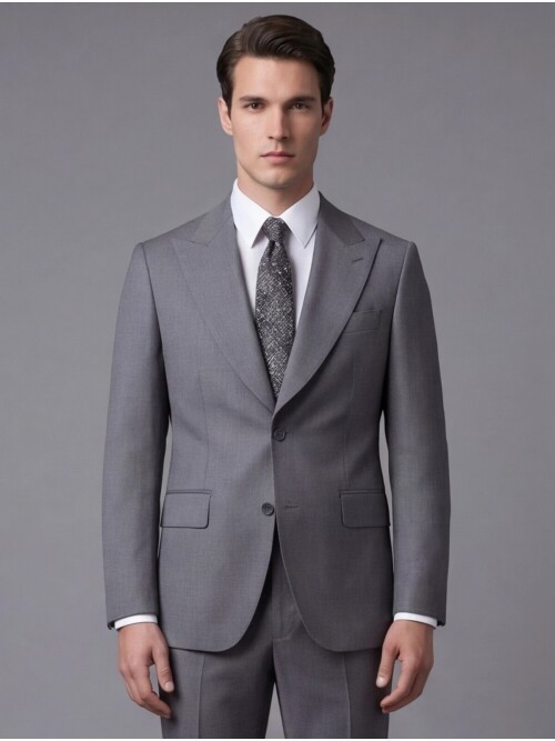 Gri Yünlü Sivri Yaka Comfort Fit Takım Elbise