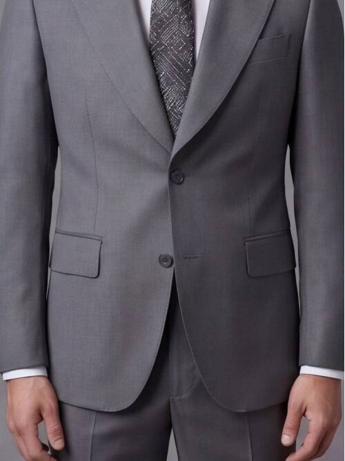 Gri Yünlü Sivri Yaka Comfort Fit Takım Elbise