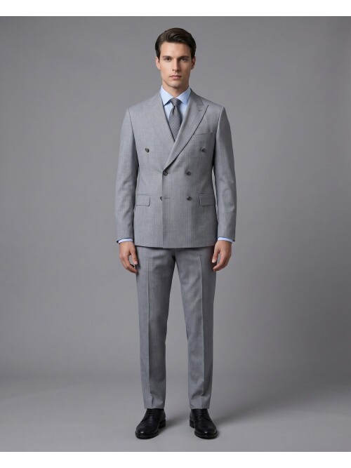 Gri Yünlü Sivri Yaka Kruvaze Regular Fit 6 Düğme Takım Elbise