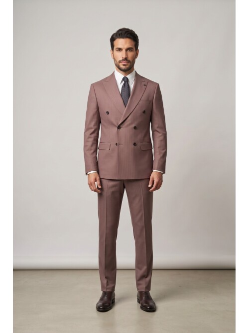 Dusty Rose Striped Peak Lapel Double Breasted 6 Button Comfort Fit Suit