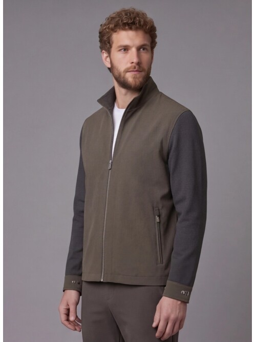 Haki Hakim Yaka Fermuarlı Comfort Fit Kısa Mont