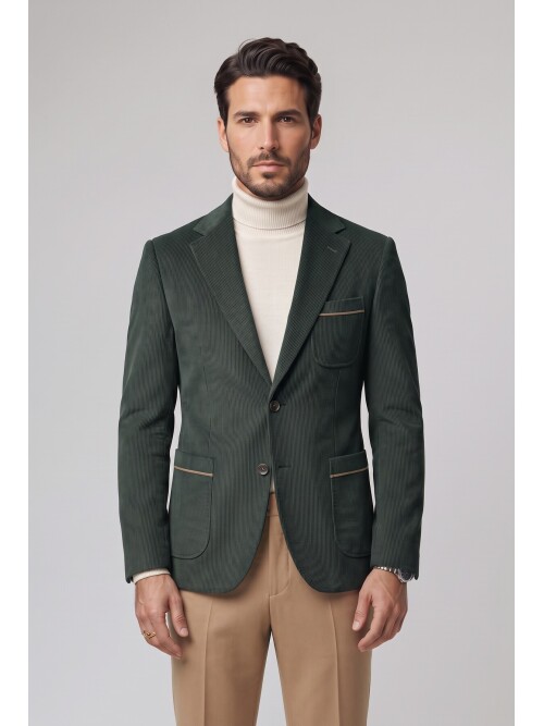 Haki Kadife Mono Yaka Slim Fit Ceket