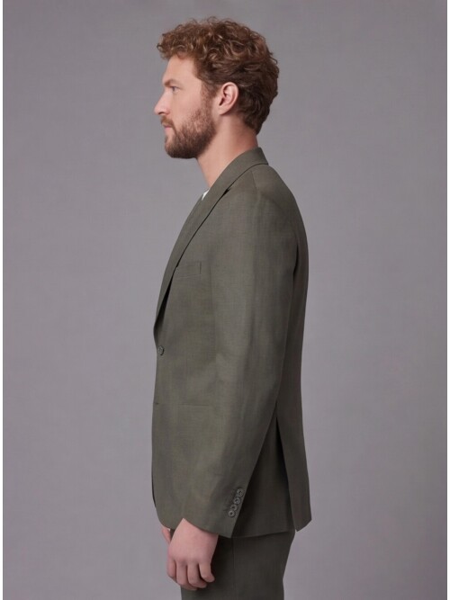 Haki Keten Sivri Yaka Comfort Fit Torba Cep 2 Düğme Takım Elbise