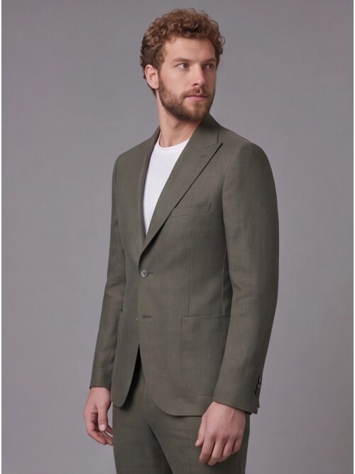 Haki Keten Sivri Yaka Comfort Fit Torba Cep 2 Düğme Takım Elbise