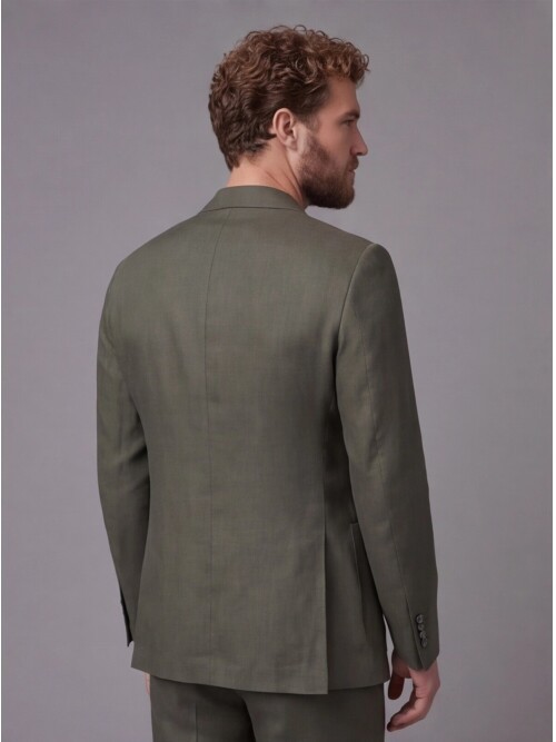 Haki Keten Sivri Yaka Comfort Fit Torba Cep 2 Düğme Takım Elbise