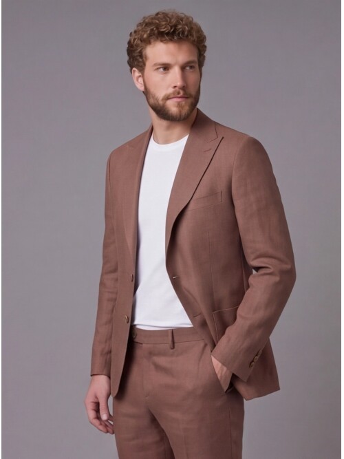 Kahverengi Keten Sivri Yaka Comfort Fit Torba Cep 2 Düğme Takım Elbise