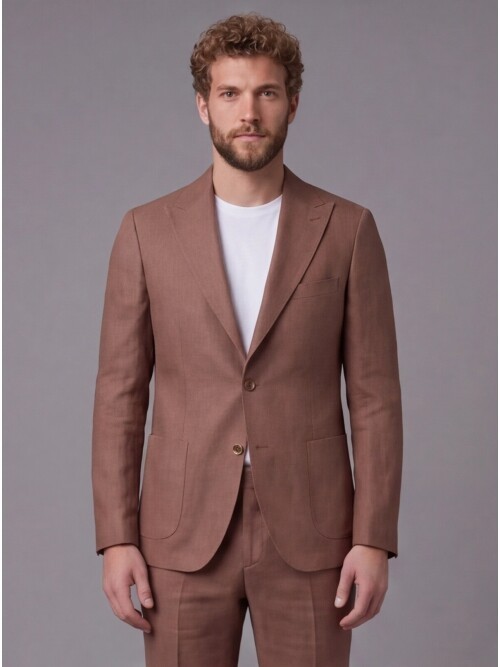 Kahverengi Keten Sivri Yaka Comfort Fit Torba Cep 2 Düğme Takım Elbise