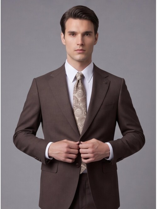 Kahverengi Mono Yaka İki Düğmeli Slim Fit Takım Elbise