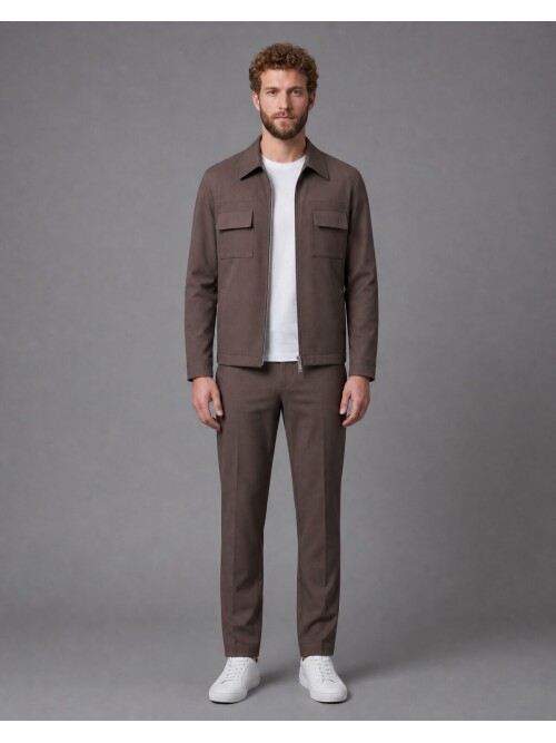 Brown Safari Pocket Zippered Sport Suit