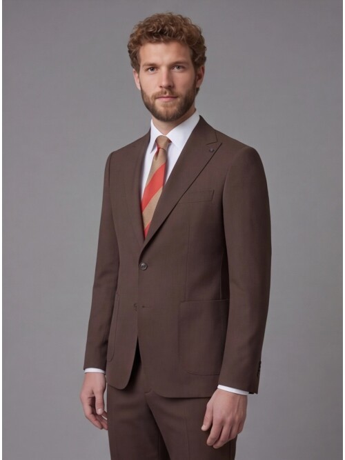 Brown Peak Lapel Slim Fit 2-Button Patch Pocket Suit