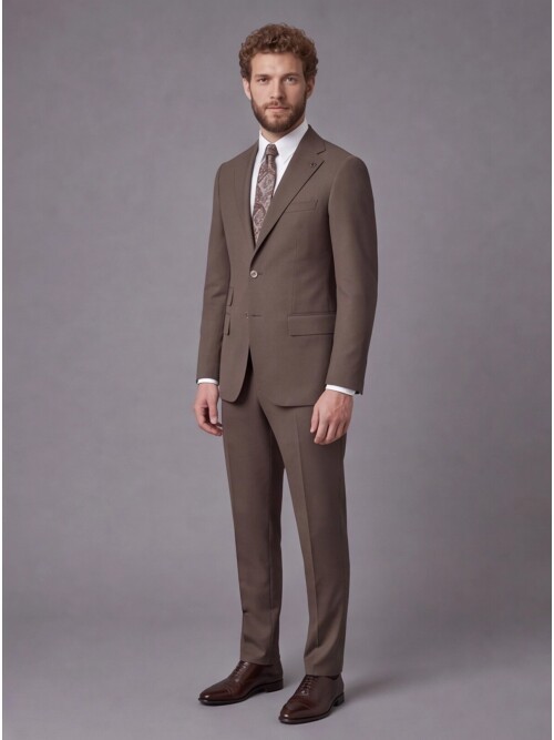 Kahverengi Slim Fit Mono Yaka 2 Düğmeli Takım Elbise