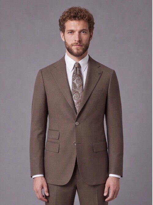 Kahverengi Slim Fit Mono Yaka 2 Düğmeli Takım Elbise