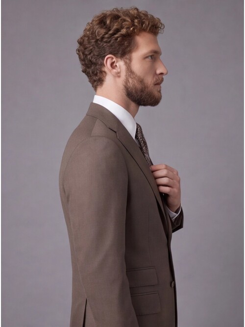Kahverengi Slim Fit Mono Yaka 2 Düğmeli Takım Elbise