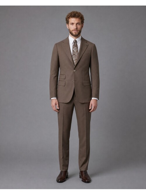 Kahverengi Slim Fit Mono Yaka 2 Düğmeli Takım Elbise
