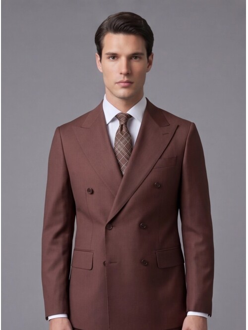 Brown Wool Peak Lapel Double-Breasted Comfort Fit Suit