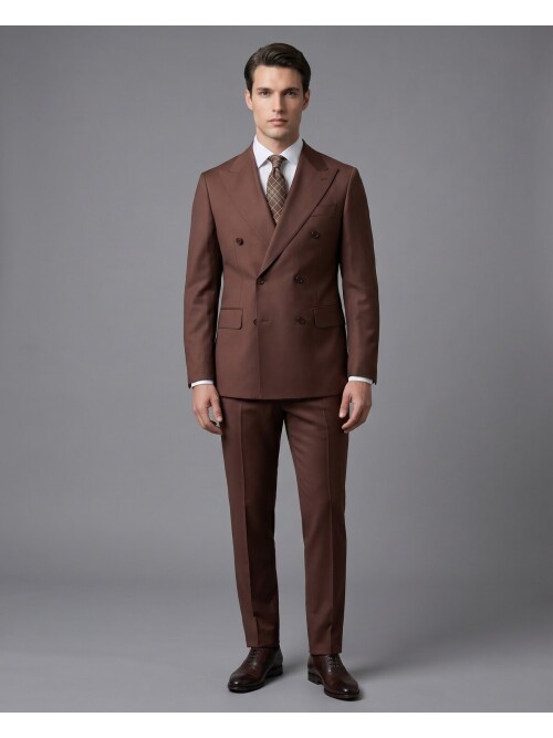 Brown Wool Peak Lapel Double-Breasted Comfort Fit Suit