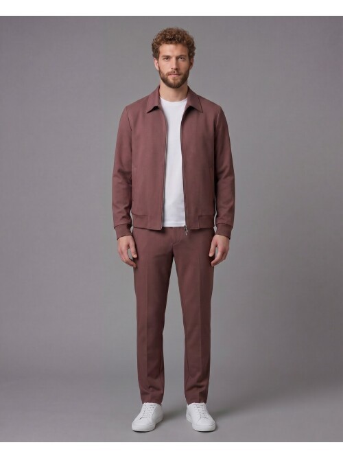 Kiremit Rengi Gömlek Yaka Fermuarlı Comfort Fit Spor Takım Elbise