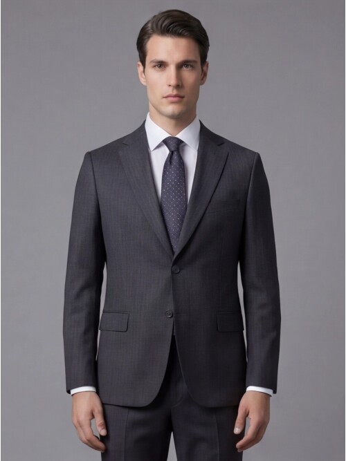 Koyu Gri Çizgili Yünlü Mono Yaka Regular Fit 2 Düğme Takım Elbise