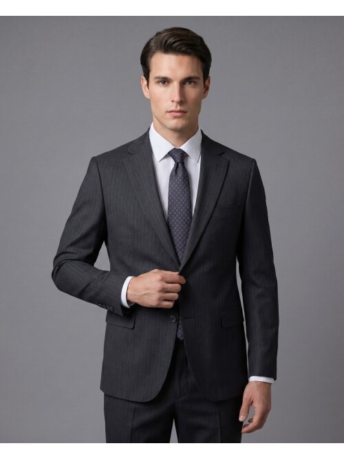 Koyu Gri Çizgili Yünlü Mono Yaka Regular Fit 2 Düğme Takım Elbise