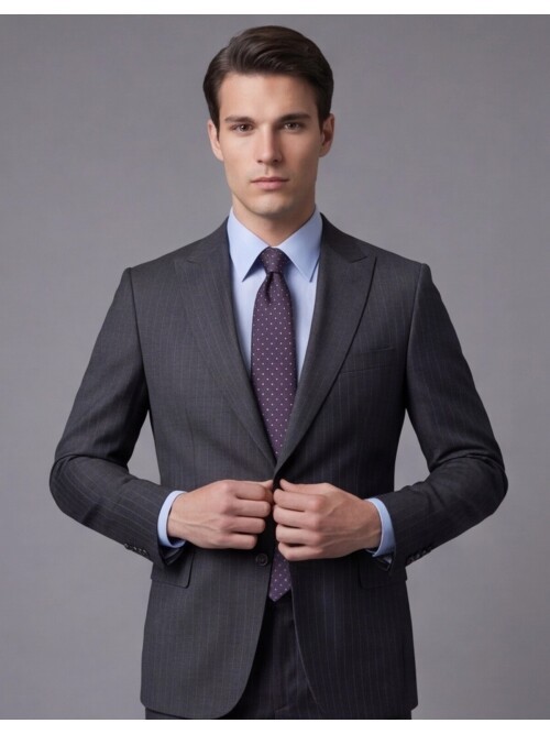 Koyu Gri Çizgili Yünlü Sivri Yaka Regular Fit Takım Elbise