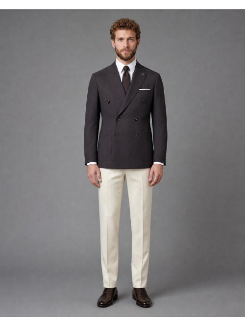 Dark Brown Double Breasted Jacket and Beige Trousers Slim Fit Combined Suit