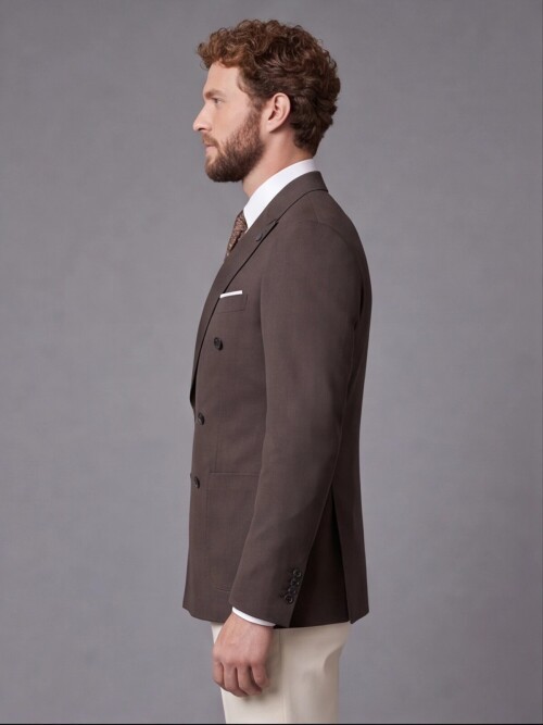 Dark Brown Double Breasted Jacket and Beige Trousers Slim Fit Combined Suit