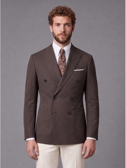 Dark Brown Double Breasted Jacket and Beige Trousers Slim Fit Combined Suit