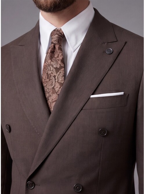 Dark Brown Double Breasted Jacket and Beige Trousers Slim Fit Combined Suit
