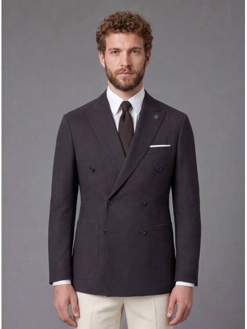 Dark Brown Double Breasted Jacket and Beige Trousers Slim Fit Combined Suit