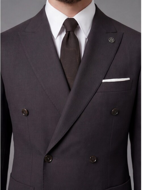 Dark Brown Double Breasted Jacket and Beige Trousers Slim Fit Combined Suit
