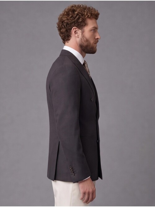 Dark Brown Double Breasted Jacket and Beige Trousers Slim Fit Combined Suit