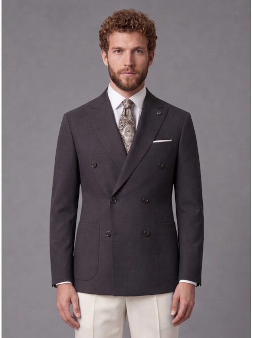 Dark Brown Double Breasted Jacket and Beige Trousers Slim Fit Combined Suit