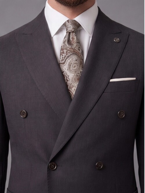Dark Brown Double Breasted Jacket and Beige Trousers Slim Fit Combined Suit