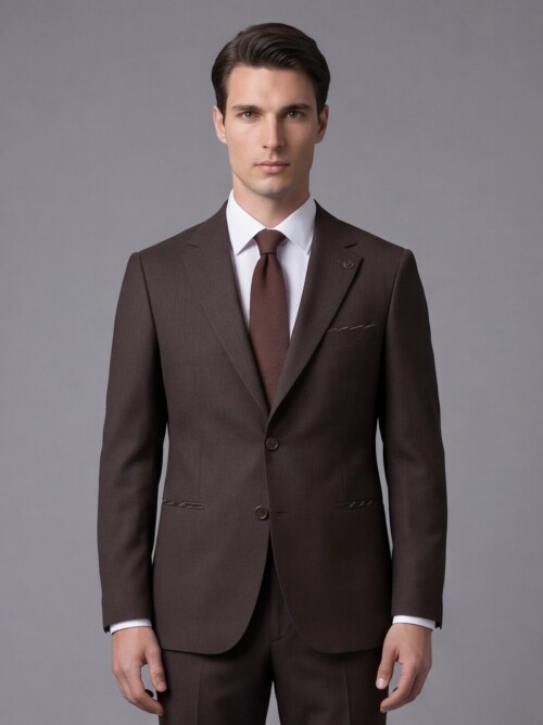 Koyu Kahverengi Mono Yaka Çift Düğmeli Takım Elbise