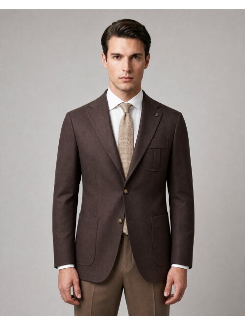 Dark Brown Notch Lapel Pleated Patch Pocket Blazer