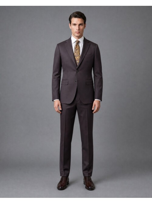 Koyu Kahverengi Mono Yaka Slim Fit 2 Düğme Takım Elbise