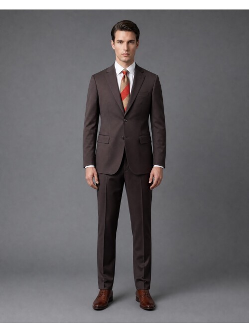 Koyu Kahverengi Mono Yaka Slim Fit 2 Düğme Takım Elbise