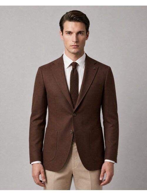 Koyu Kahverengi Mono Yaka Slim Fit Torba Cep Ceket