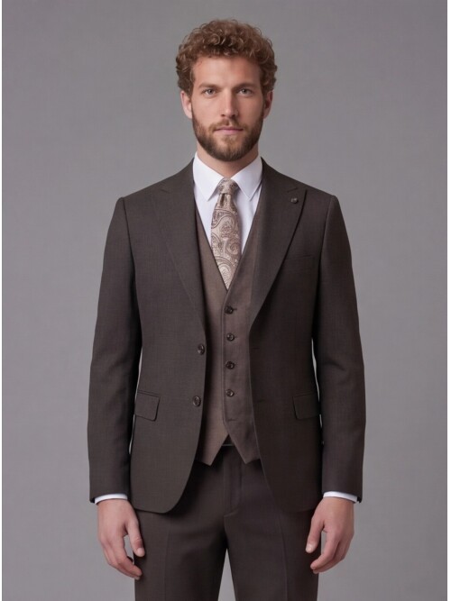 Koyu Kahverengi Sivri Yaka Çift Düğmeli Slim Fit Yelekli Takım Elbise