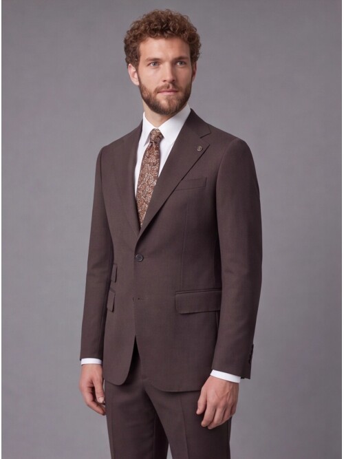 Koyu Kahverengi Slim Fit Mono Yaka 2 Düğmeli Takım Elbise
