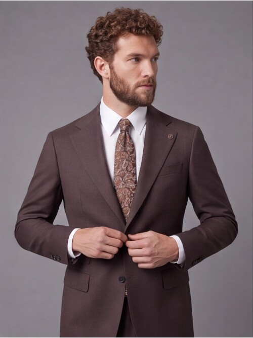 Koyu Kahverengi Slim Fit Mono Yaka 2 Düğmeli Takım Elbise